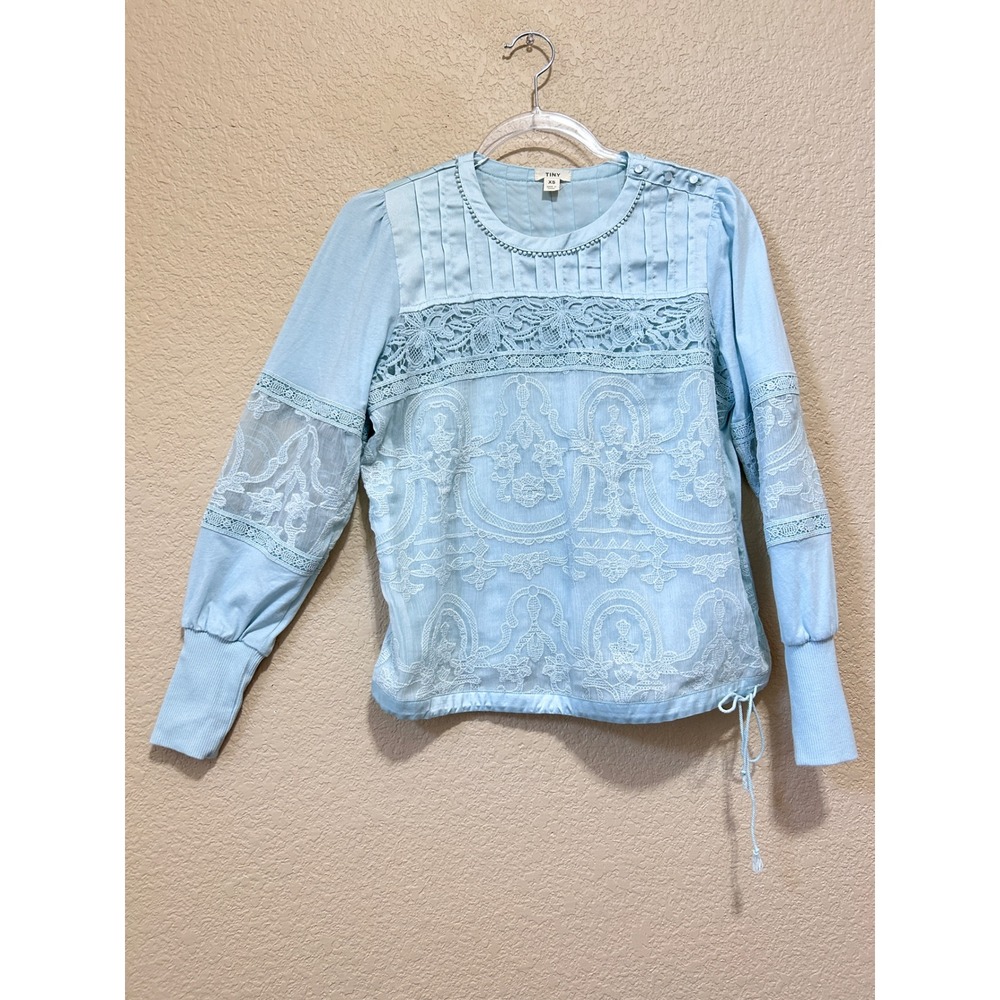 Tiny XS Anthropologie Lace Pintuck Top Light Blue Boho Romantic 71988T